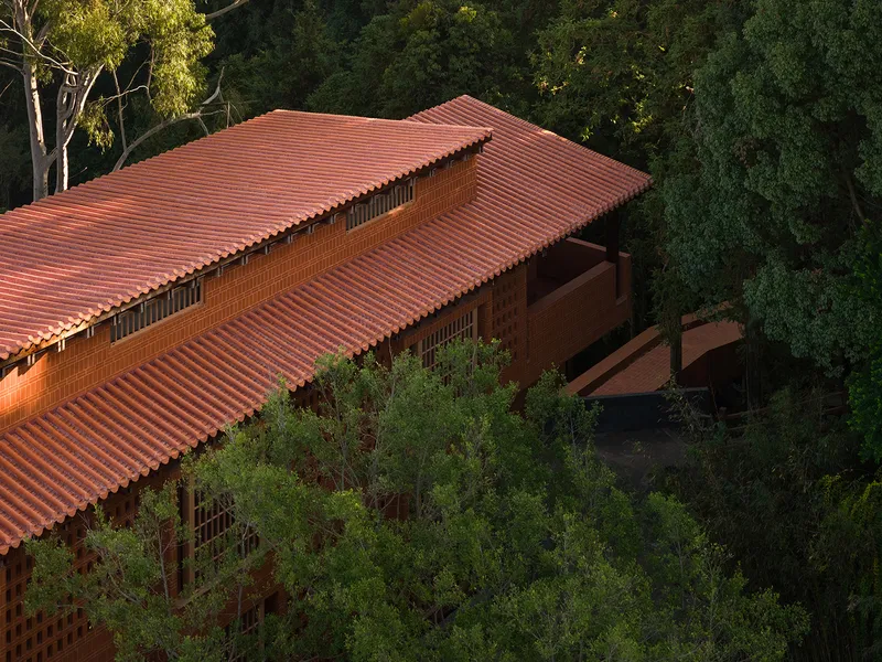 Oblique view of the corrugated clay tile roofscape emerging from dense forest canopy