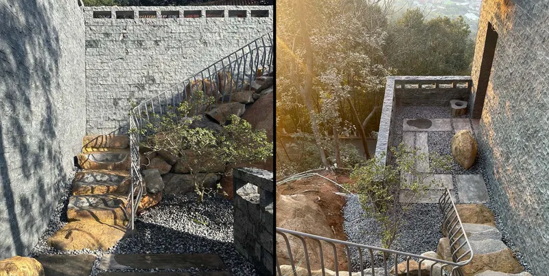 Paired overhead views of terraced courtyard with stone steps, plantings and gravel beds between walls