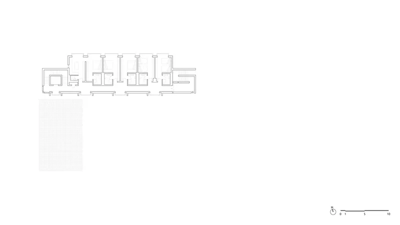 Floor plan drawing of a linear residential volume with repetitive room divisions and deck extensions