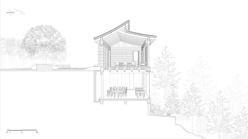 Section drawing showing an open two-level pavilion with exposed roof structure and dining area below