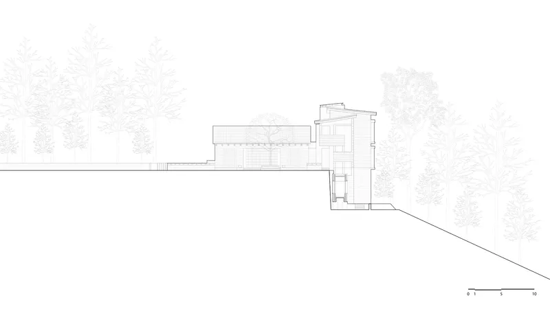 Elevation drawing displaying horizontal volumes stepping down a wooded slope with vertical tower element