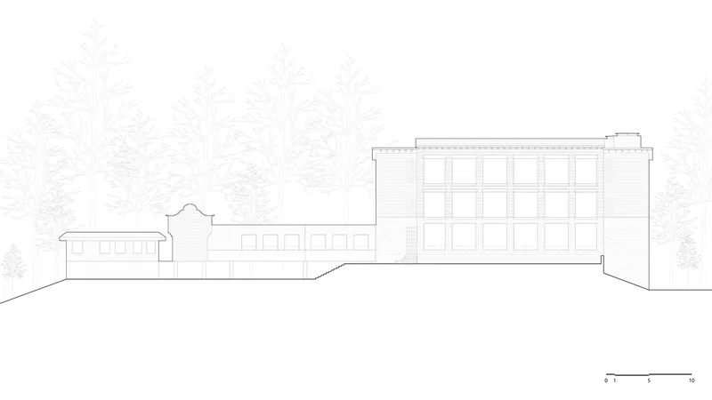 Elevation drawing showing a low-rise wing with pitched roof and a taller rectangular volume with trees