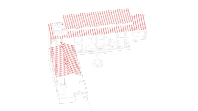 Axonometric drawing highlighting pitched roof volumes surrounding a central courtyard with fountain