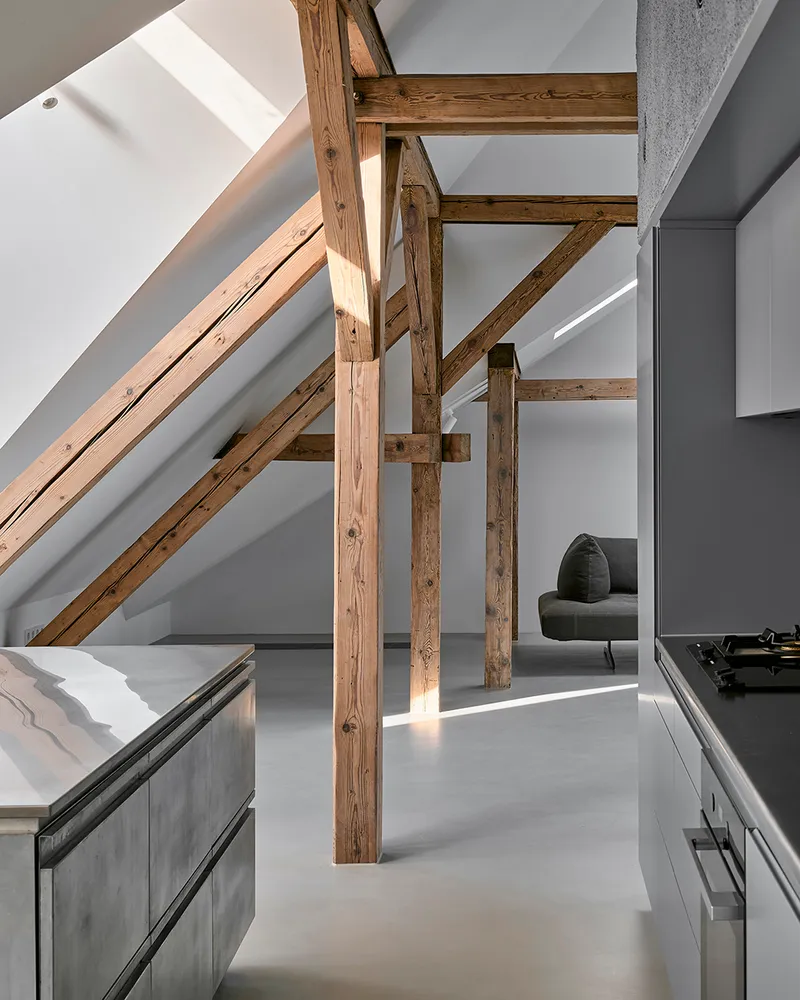 Attic interior showing exposed timber frame structure with skylights and polished concrete floor