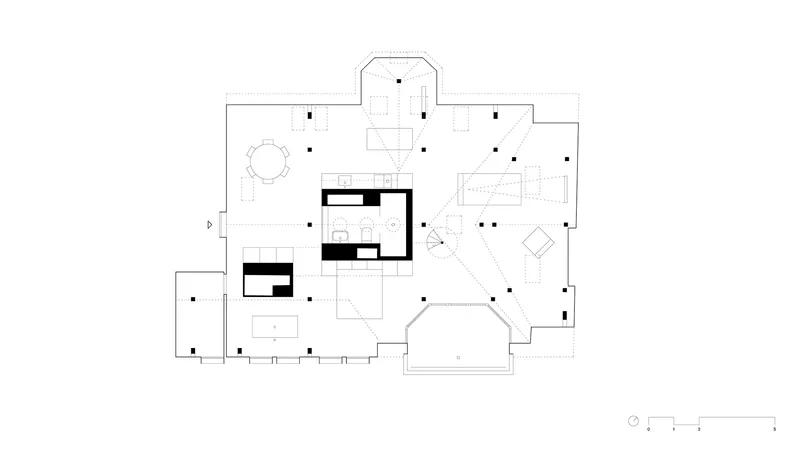 Floor plan drawing showing an irregularly shaped layout with a central core and columns distributed throughout
