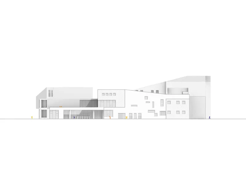 Elevation drawing of the white facade with varied window openings and scale figures along the base