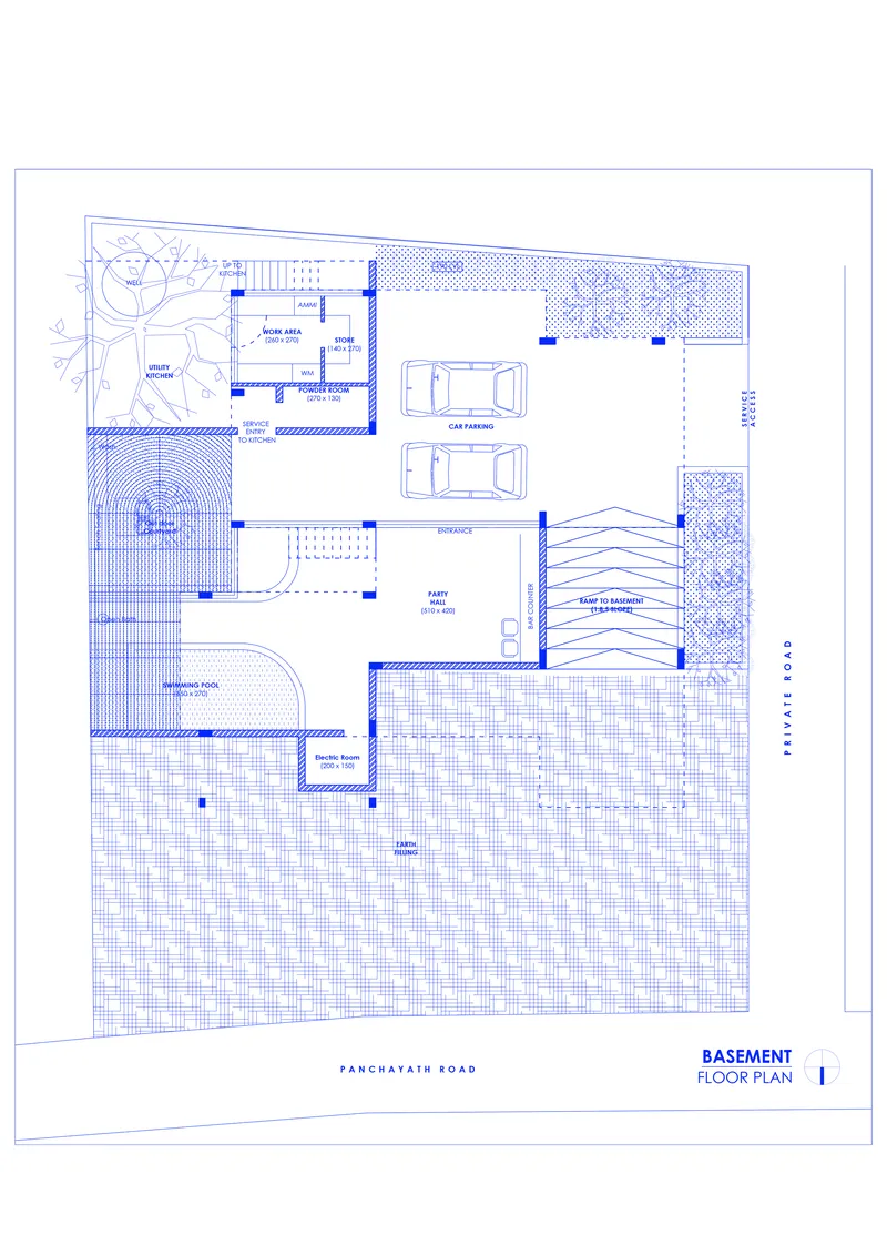 Basement floor plan drawing showing car parking, service areas, and circulation with patterned hatching