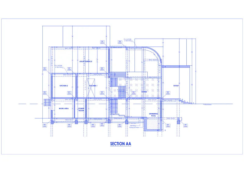 Section drawing showing work areas, kitchen, living space, and staircase arrangement across multiple levels