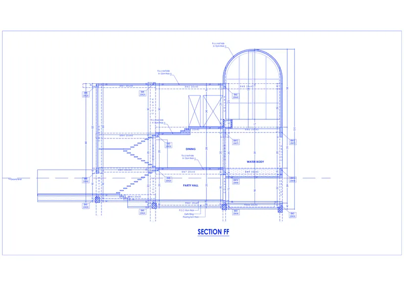 Section drawing illustrating dining area, party hall, and arched ceiling volume with staircase