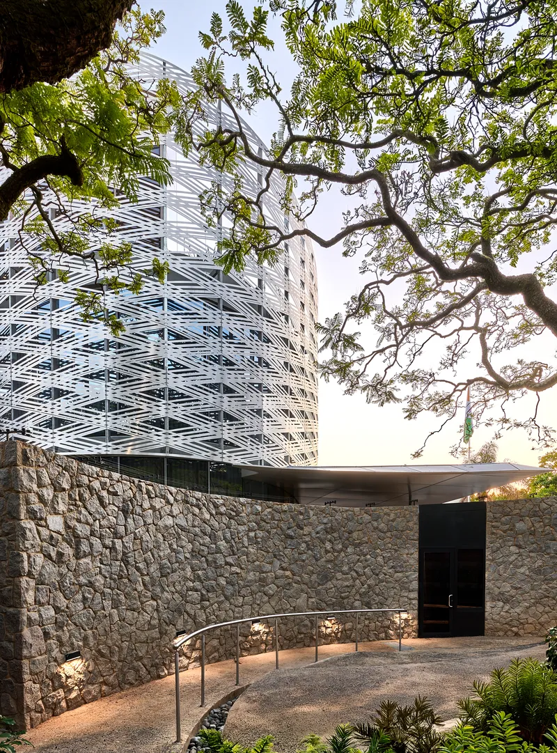 Entry courtyard with stone retaining wall and overhanging tree branch framing the white screen facade