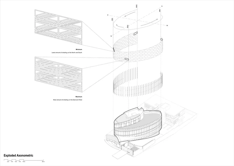 Exploded axonometric drawing showing layered construction of the curved facade and structural system