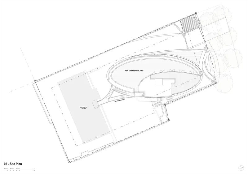 Site plan drawing showing oval building volume adjacent to rectangular structure and curving access roads