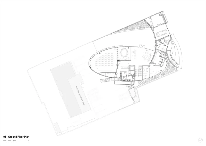 Ground floor plan drawing showing oval volume with seating area, planted perimeter, and connecting entry sequence