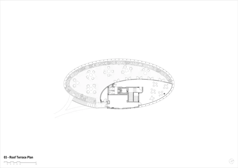Roof terrace plan drawing showing oval deck with scattered seating clusters and central service core