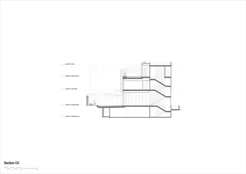 Section drawing showing five levels cascading down a sloped site with interconnecting stairs