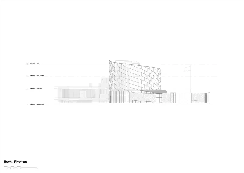 North elevation drawing featuring a curved facade with rectangular paneling above a glazed ground floor
