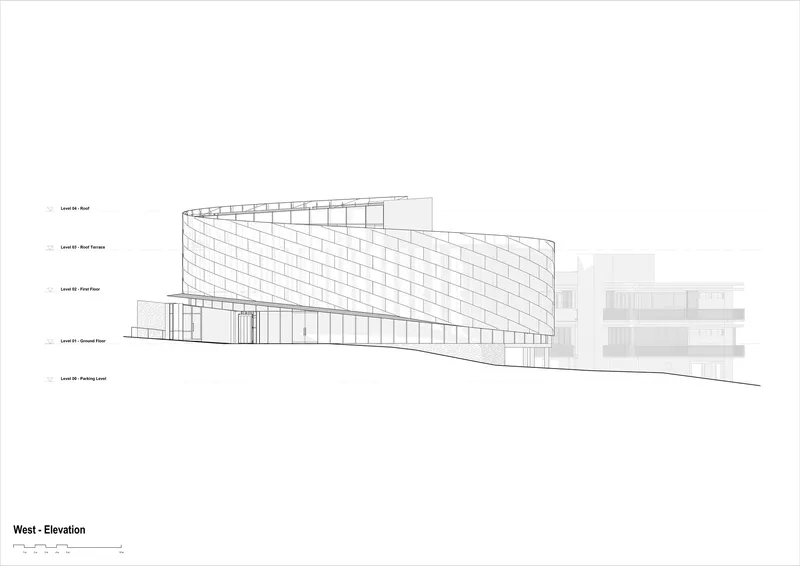 West elevation drawing showing the curved paneled volume rising from a sloping grade