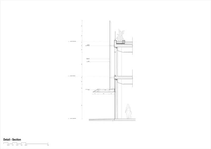 Detail section drawing illustrating the facade assembly with vertical mullions and horizontal floor slabs