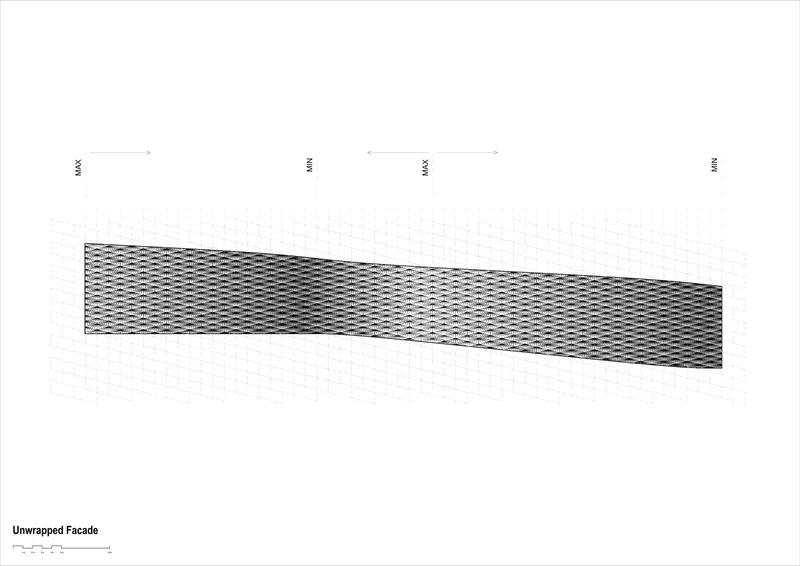 Axonometric drawing of the unwrapped facade showing the woven panel pattern across the curved surface