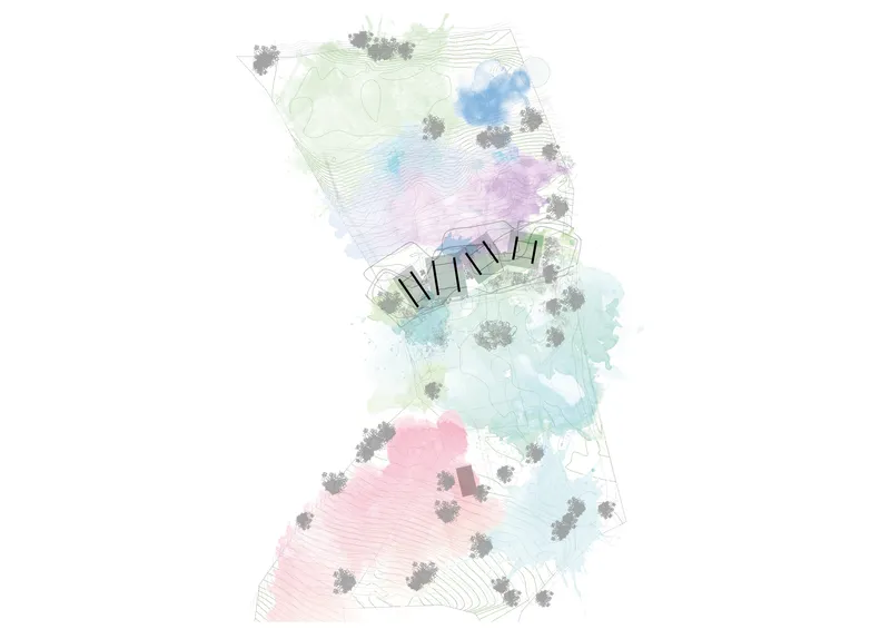Site plan drawing showing buildings rendered in watercolor with contour lines and scattered tree symbols
