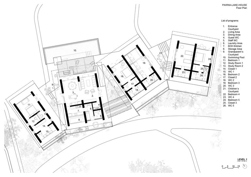 Floor plan drawing showing interconnected pavilions with living areas, bedrooms, and pool arranged around courtyards