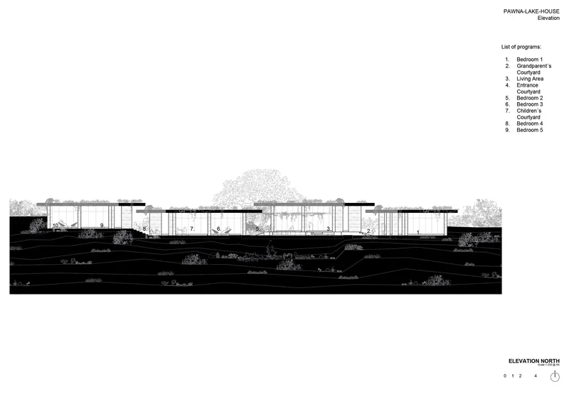 Elevation drawing depicting horizontal volumes with flat roofs nestled into sloping terrain with trees
