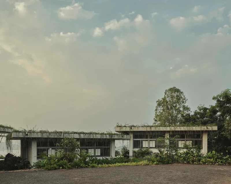 Front elevation showing the planted roof and concrete structure framed by dense surrounding vegetation