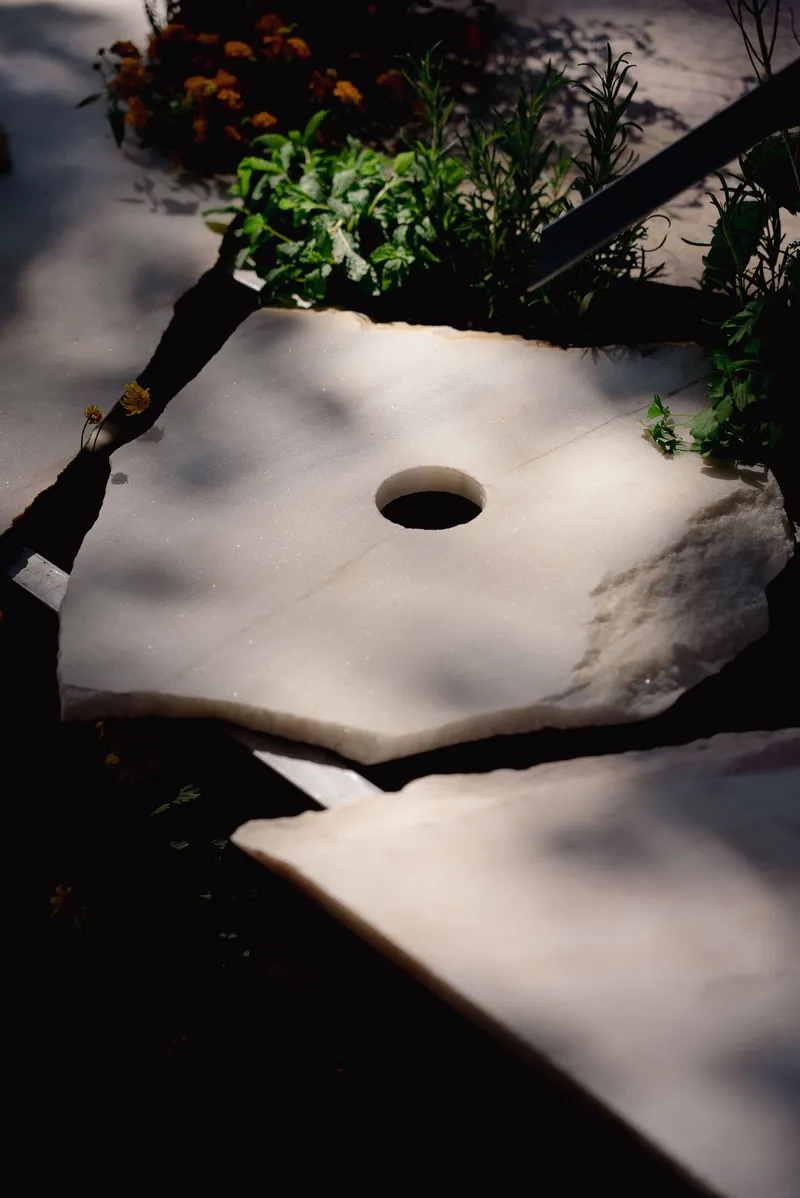 Circular drainage hole in a white painted tabletop with herbs and shadows from planted edges