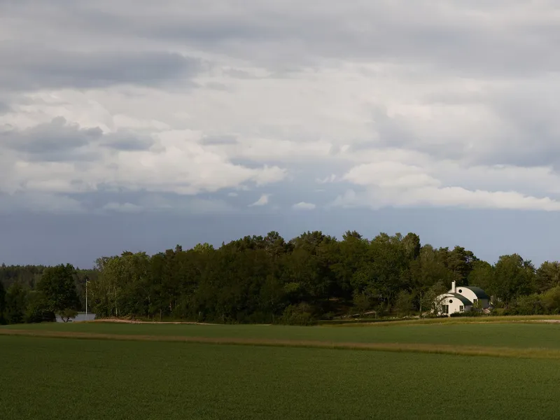 Distant view of the white dome structure nestled among trees at the edge of a green field