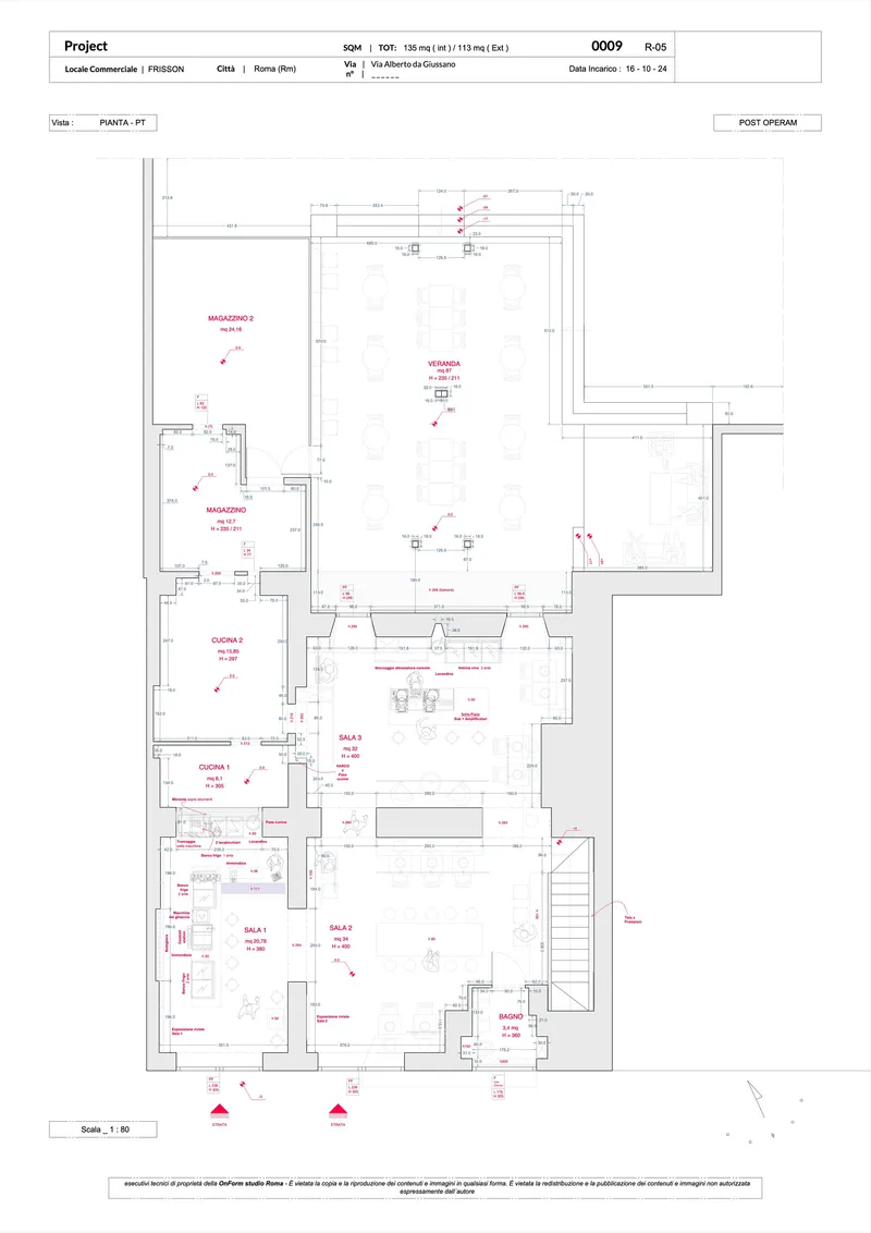 Floor plan drawing showing a multi-room layout with kitchen, storage areas and circulation spaces