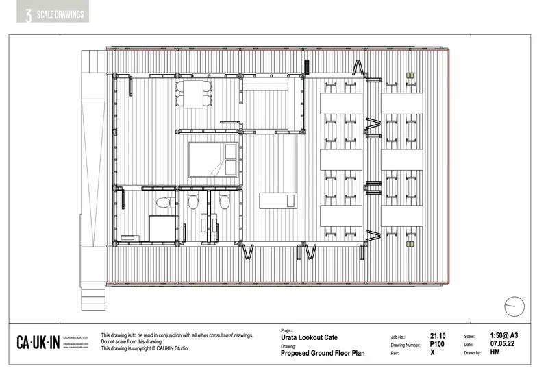 Ground floor plan drawing showing rectangular structure with dining area and service spaces