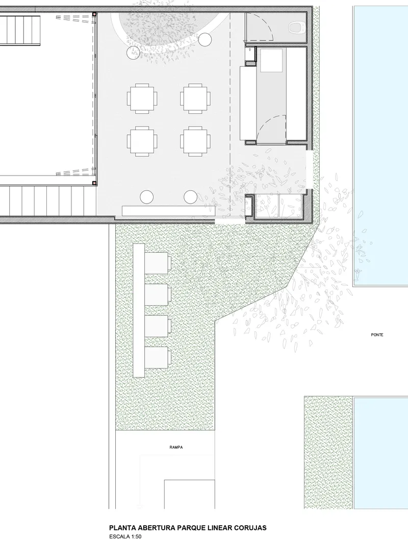 Floor plan drawing showing courtyard dining area with gravel paving and interior service zones