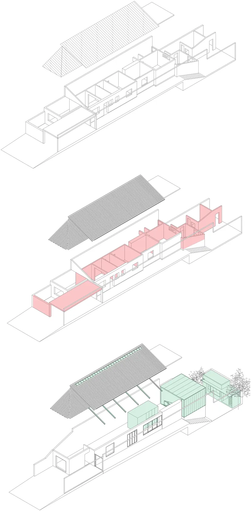 Exploded axonometric drawings illustrating the structure, program zones, and glazed volumes with a tree