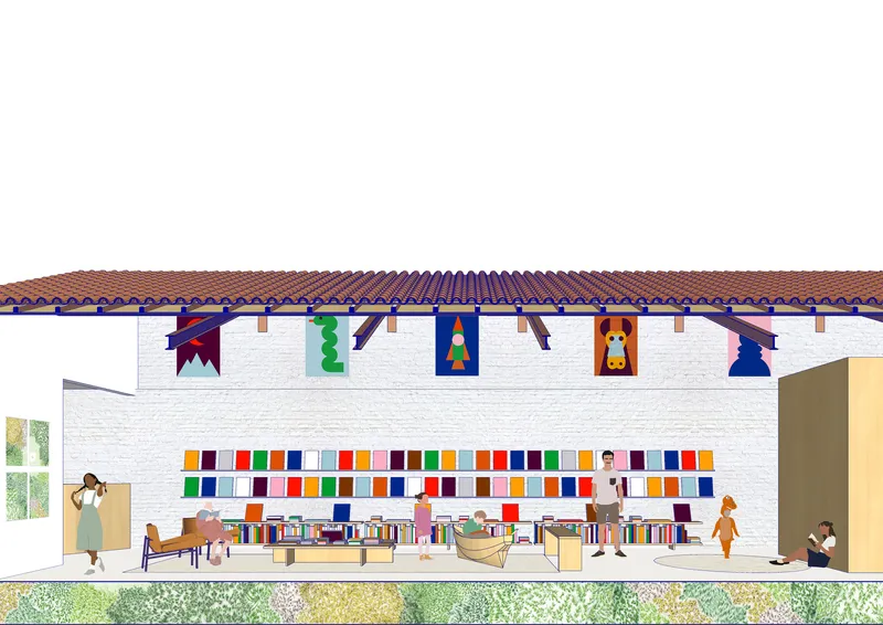 Section rendering of a white-painted interior with colorful banners, bookshelves, and children at low tables