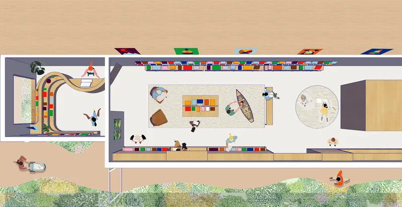 Plan rendering showing children in a reading room with colorful storage and a planting bed outdoors