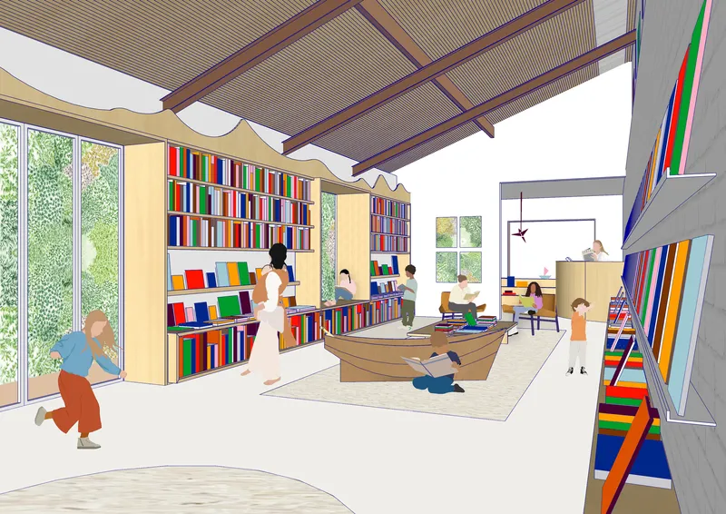 Interior rendering of a library room with exposed timber beams, colorful shelves, and children reading