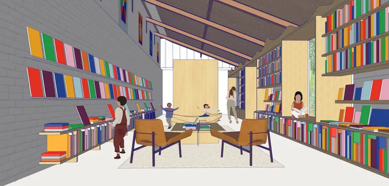 Interior rendering showing wooden reading desks surrounded by multicolored book spines on wall-mounted shelves