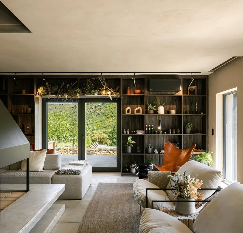 Living space with dark timber shelving wall and glazed doors opening to a stone terrace outside
