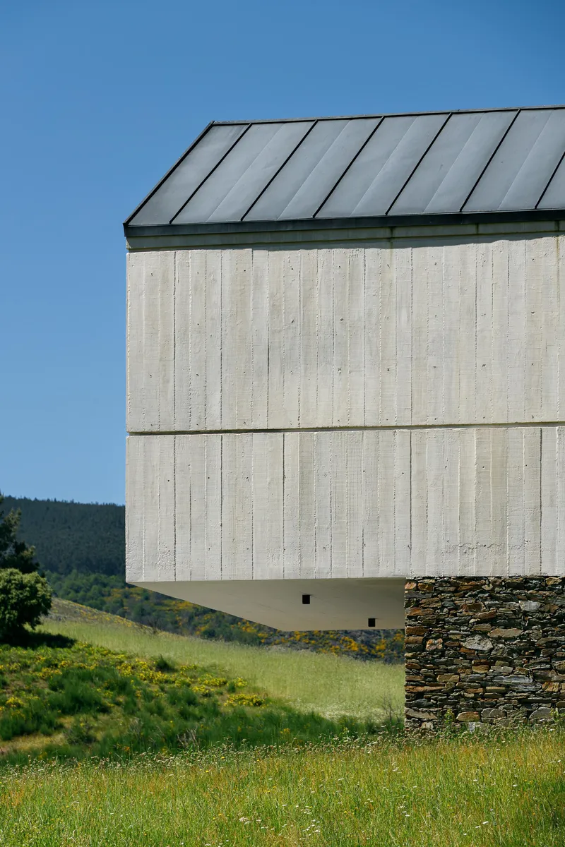 Cantilevered concrete volume with standing seam metal roof above stone base in sloping meadow