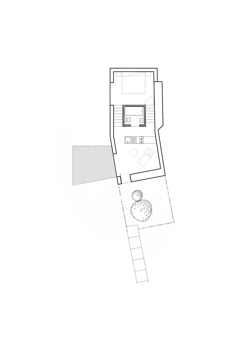 Roof plan drawing showing the angled upper volume with outdoor terrace and adjacent trees