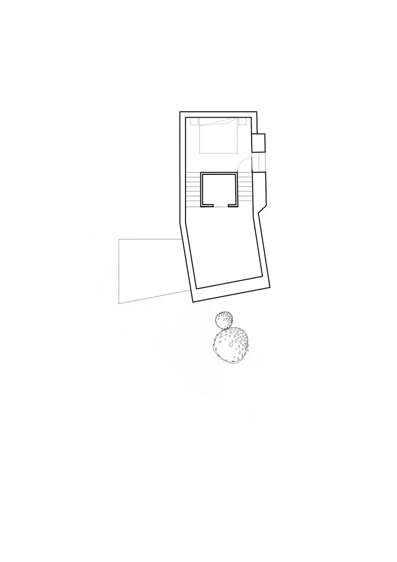 Site plan drawing showing the building footprint positioned among circular tree symbols