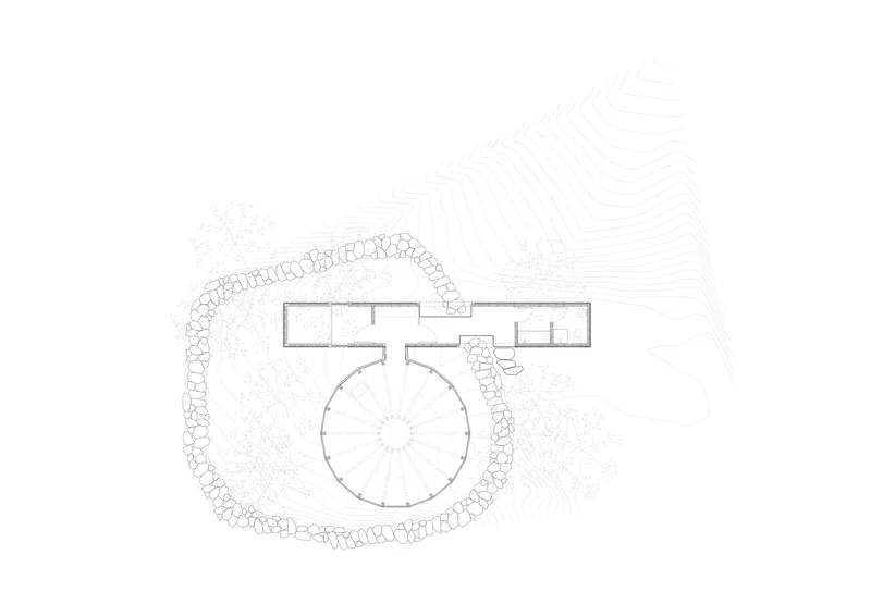 Site plan drawing showing circular pavilion with radiating roof structure linked to rectangular wing by stone wall
