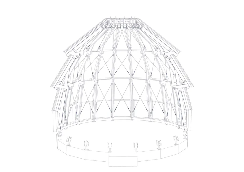 Axonometric drawing revealing the layered triangulated timber frame structure supporting the conical roof