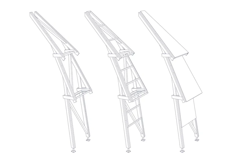Axonometric sequence showing three stages of a tilting timber frame element from structural skeleton to panel-clad assembly