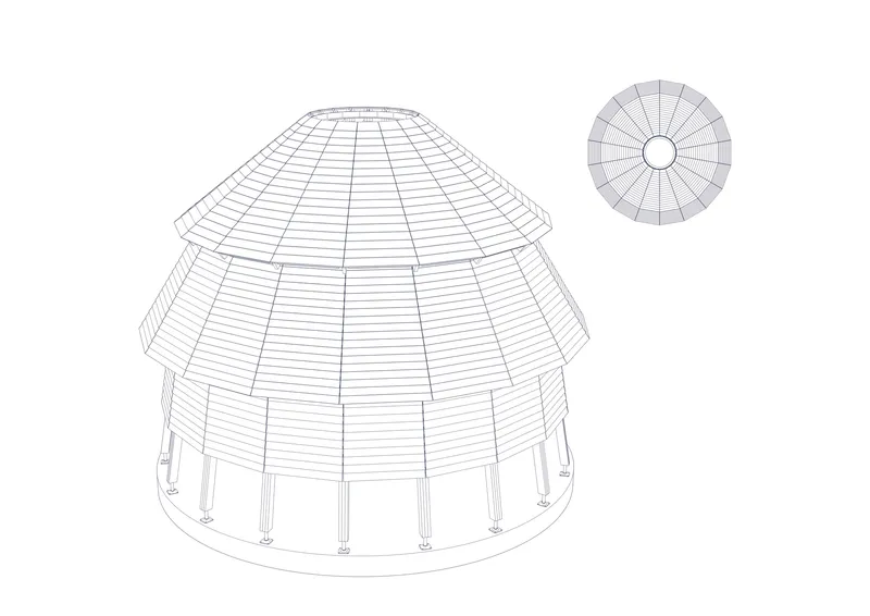 Axonometric drawing showing the same conical structure with horizontal cladding panels spanning between the tiers