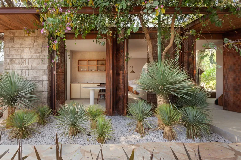Covered entrance with timber pergola, weathered steel columns and planted bed of spiky yuccas in gravel
