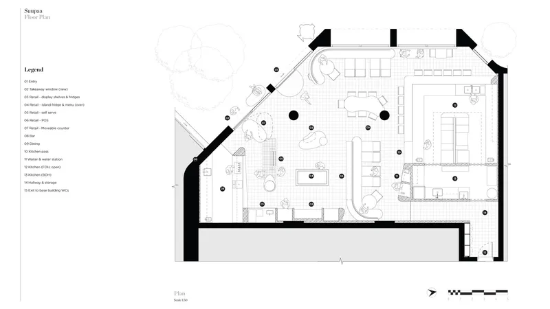 Floor plan drawing showing angled perimeter walls with dining and retail counter areas