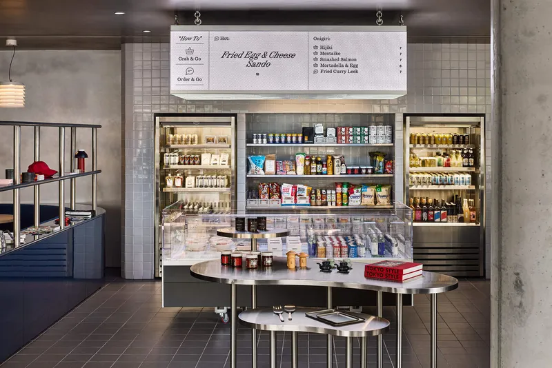 Frontal view of retail shelving unit displaying packaged goods with white tile surround and menu board above