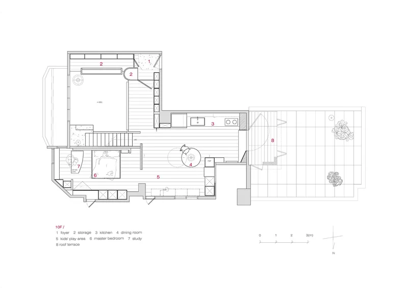 Floor plan drawing showing an L-shaped residence with labeled rooms and an attached terrace with trees