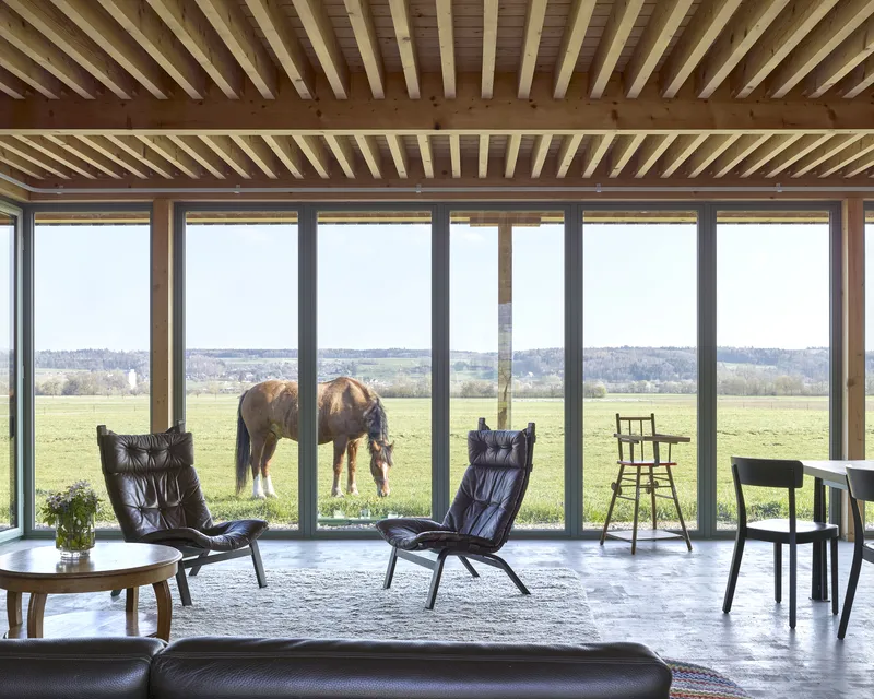 Living room with exposed beam ceiling and full-height glazing overlooking pasture with grazing horse